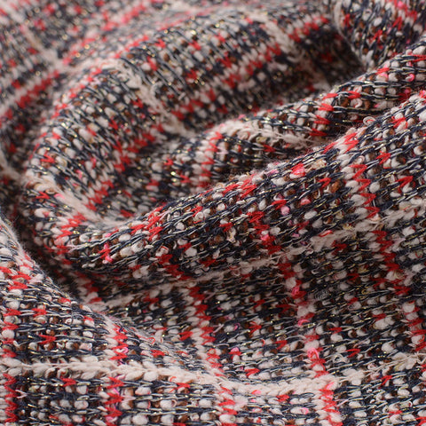 Dark Blue Plaid Interlock Knit, Cotton-Poly