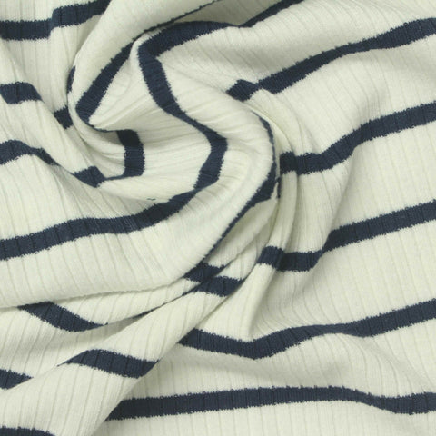 Dark Blue Horizontal-Stripe Rib Knit, Poly-Viscose, 240 gsm, 140 cm