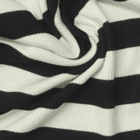 Black Horizontal-Stripe Rib Knit, Viscose, 320 gsm, 140 cm
