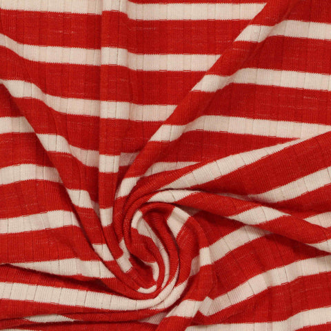 Red Horizontal-Stripe Rib Knit, Viscose-Poly