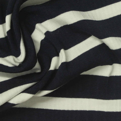 Navy Horizontal-Stripe Rib Knit, Cotton-Viscose