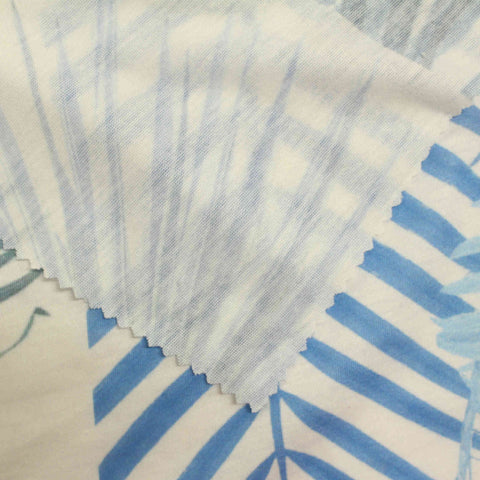 Blue Tropical-Leaf Jersey Knit, Polyester