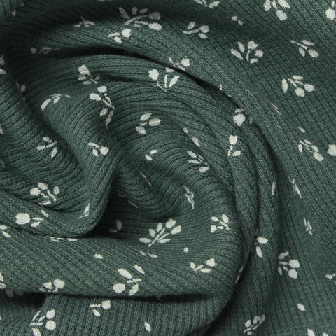 White Floral Rib Knit, Poly-Cotton, 230 gsm
