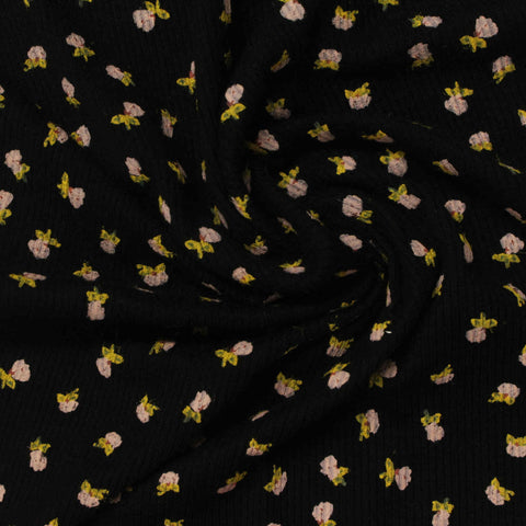 Pink Flowers Rib Knit, Viscose, 290 gsm