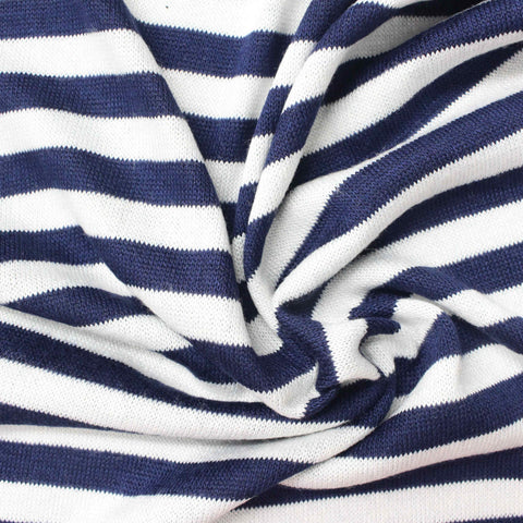 Navy Horizontal-Stripe Jersey Knit, Viscose-Poly, 202 gsm