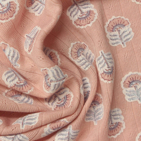 White Floral Rib Knit, Poly-Viscose, 220 gsm