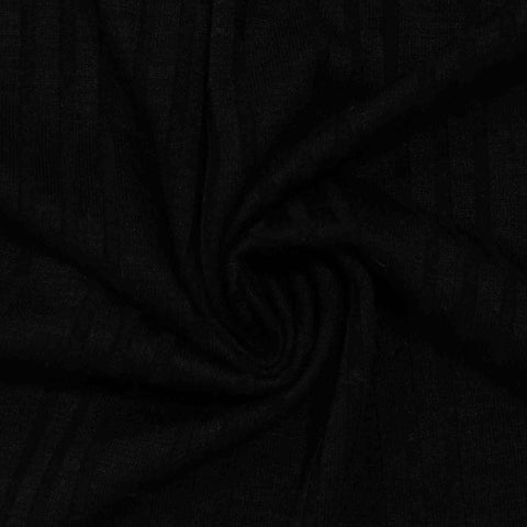 Polyester Viscose Stretch Rib Knit Fabric, 250 gsm, 142 cm — Black