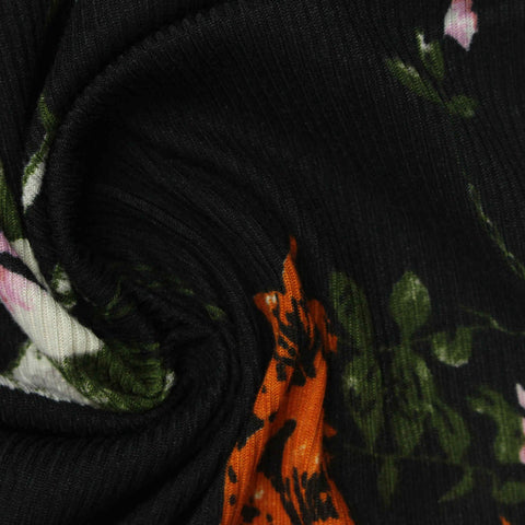 Orange Floral Rib Knit, Polyester, 145 gsm