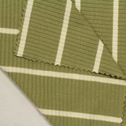 Green Vertical-Stripe Rib Knit, Cotton-Viscose
