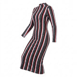 Black Vertical-Stripe Rib Knit, Poly-Metallic — mockup: dress bodycon