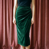 Polyester Stretch Velvet Fabric, 240 gsm, 188 cm — Green — mockup: dress bodycon