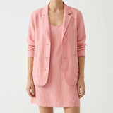 Polyester Stretch Linen-Look Fabric, 280 gsm, 160 cm — Pink, ref EF-254900 — mockup: dress bodycon