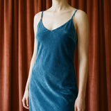 Cotton Polyester Stretch Velvet Fabric, 280 gsm, 157 cm — Blue — mockup: dress bodycon