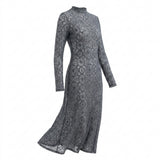 Nylon Stretch Lace Fabric, 132 gsm, 128 cm — Grey — mockup: dress bodycon