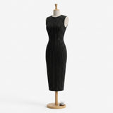White Vertical-Pinstripe Ponte Knit, Polyester, 315 gsm — mockup: dress bodycon