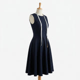 Polyester Viscose Stretch Denim Fabric, 280 gsm, 165 cm — Navy — mockup: dress bodycon