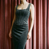 100% Polyester Velvet Fabric, 260 gsm, 150 cm — Green — mockup: dress bodycon