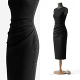 Cotton Polyester Scuba Knit Fabric, 300 gsm, 185 cm — Black — mockup: dress bodycon