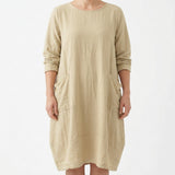 Polyester Stretch Linen-Look Fabric, 215 gsm, 165 cm — Beige — mockup: dress bodycon