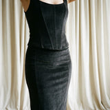 Brushed Polyester Stretch Velvet Fabric, 300 gsm, 165 cm — Black — mockup: dress bodycon