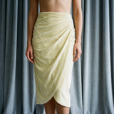 Polyester Stretch Velvet Fabric, 260 gsm, 188 cm — Yellow — mockup: dress bodycon