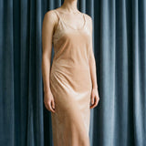 Polyester Stretch Velvet Fabric, 240 gsm, 170 cm — Beige — mockup: dress bodycon