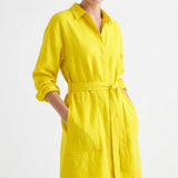Polyester Stretch Linen-Look Fabric, 200 gsm, 165 cm — Yellow — mockup: dress bodycon