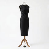 Washed Polyester Modal Stretch Scuba Knit Fabric, 380 gsm, 158 cm — Black — mockup: dress bodycon