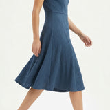 Cotton Polyester Stretch Crepe Fabric, 190 gsm, 160 cm — Blue — mockup: dress bodycon