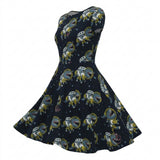 Blue-Grey Dinosaurs French Terry, Cotton-Poly — mockup: dress bodycon