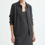 Polyester Stretch Linen-Look Fabric, 320 gsm, 145 cm — Black — mockup: dress bodycon