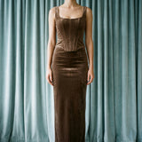 Polyester Stretch Velvet Fabric, 330 gsm, 170 cm — Brown — mockup: dress bodycon