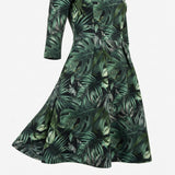 Green Tropical-Leaf Ponte Knit, Polyester — mockup: dress bodycon