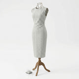 Polyester Stretch Crepe Fabric, 125 gsm, 155 cm — Beige — mockup: dress bodycon