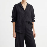 Polyester Stretch Linen-Look Fabric, 174 gsm, 165 cm — Black — mockup: dress bodycon