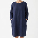 Polyester Stretch Linen-Look Fabric, 290 gsm, 172 cm — Navy — mockup: dress bodycon