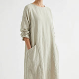 Polyester Stretch Linen-Look Fabric, 240 gsm, 155 cm — Khaki — mockup: dress bodycon