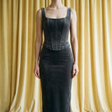 Dark Grey Marl Velvet, Polyester, 280 gsm, 185 cm, ref EF-265515 — mockup: dress bodycon