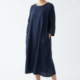 100% Polyester Linen-Look Fabric, 115 gsm, 150 cm — Navy, ref EF-209542 — mockup: dress bodycon