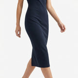 100% Polyester Ponte Knit Fabric, 280 gsm, 165 cm — Navy — mockup: dress bodycon