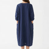 Polyester Stretch Linen-Look Fabric, 255 gsm, 150 cm — Navy — mockup: dress bodycon