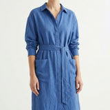 Polyester Viscose Stretch Linen-Look Fabric, 156 gsm — Blue — mockup: dress bodycon