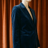 Polyester Stretch Velvet Fabric, 260 gsm, 188 cm — Navy — mockup: dress bodycon