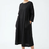 Polyester Viscose Stretch Linen-Look Fabric, 264 gsm — Black — mockup: dress bodycon