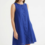 Polyester Stretch Linen-Look Fabric, 260 gsm, 160 cm — Blue — mockup: dress bodycon