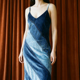 Polyester Cotton Stretch Velvet Fabric, 320 gsm, 165 cm — Navy — mockup: dress bodycon