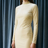 Polyester Stretch Velvet Fabric, 260 gsm, 188 cm — Beige — mockup: dress bodycon