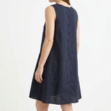 100% Polyester Linen-Look Fabric, 213 gsm — Navy — mockup: dress bodycon