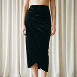 Polyester Stretch Velvet Fabric, 260 gsm, 165 cm — Black — mockup: dress bodycon