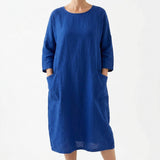 Polyester Stretch Linen-Look Fabric, 192 gsm, 170 cm — Blue — mockup: dress bodycon